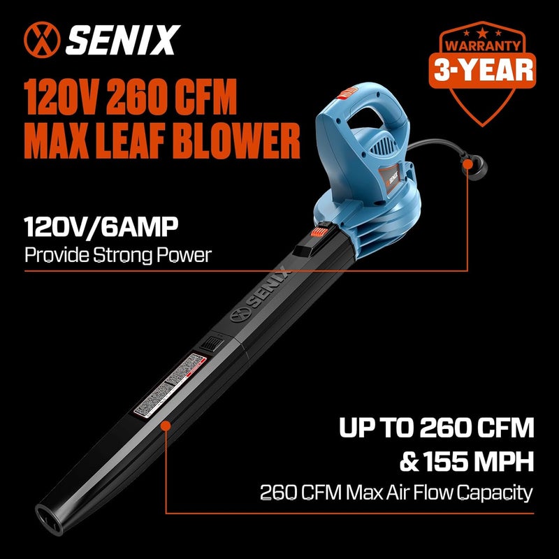 Senix 6 AMP Handheld Electric Leaf Blower, Up to 260 CFM and 155 MPH, Lightweight, 120V (BLE06-L) - Image 2